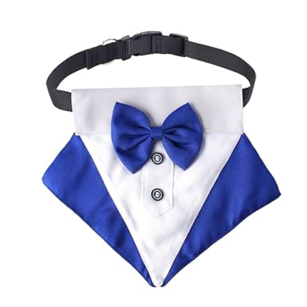 Blue and White Tuxedo Suit Design Pet Dog Bandana with attached Bow Tie NEW